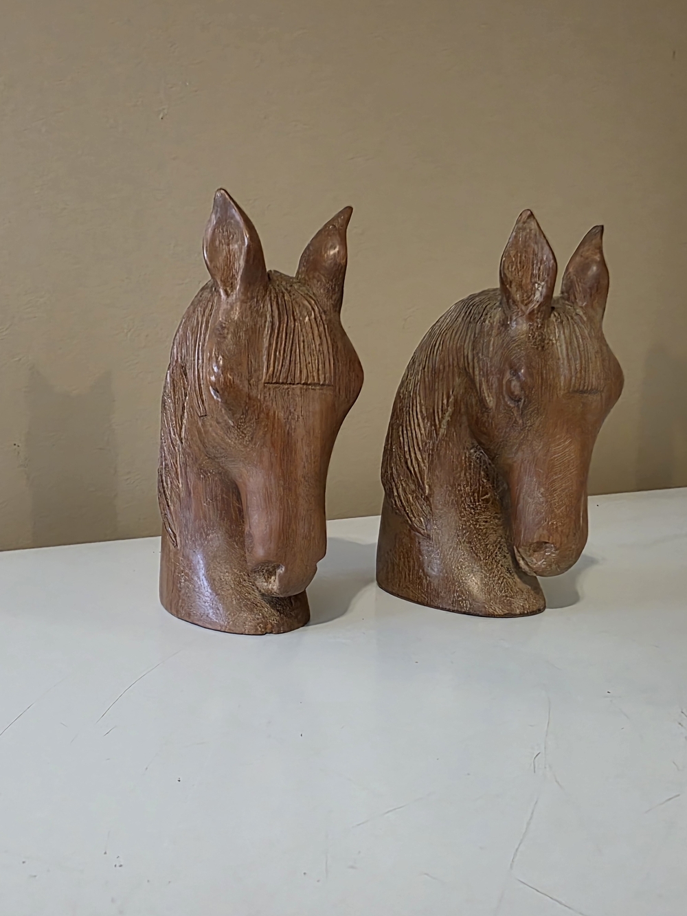 Vintage MCM Carved Wooden Horse Head Bookends